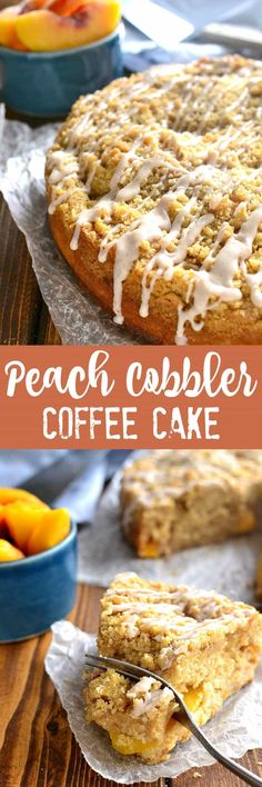 peach cobbler coffee cake with fresh peaches and icing on the top is shown