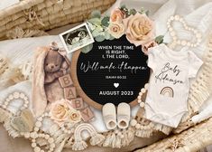 some baby items are laid out on a blanket with the words sweetest is on the way