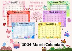 the march and march calendar is shown with flowers, butterflies, and trees on it