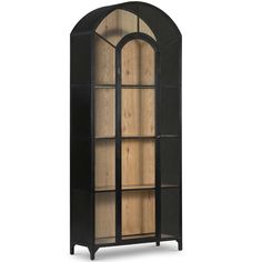 an arched glass display cabinet with wooden doors and shelves in black finish, on a white background