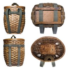 three baskets with handles and straps on each side, one in the shape of a basket