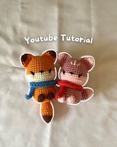 two crocheted teddy bears sitting next to each other on a white sheet with the words youtubee tutorial written above them