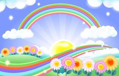 the sun is shining brightly in the sky with flowers and rainbows around it on a sunny day