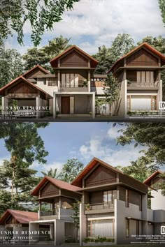 two different views of the front and back of a house