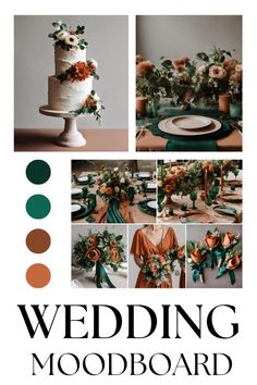 the wedding mood board is filled with orange and green flowers, greenery, and white cake