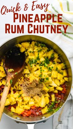 a skillet filled with pineapple rum chutney