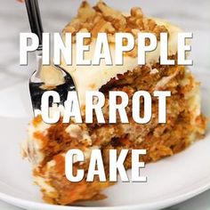 there is a piece of cake with white frosting on it and the words pineapple carrot cake