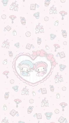 a pink wallpaper with hello kitty and teddy bears on it's heart shape