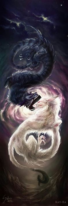 two white and black dragon floating in the air with their heads touching each other's necks