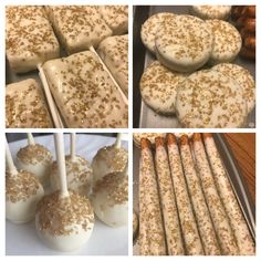 several different pictures of cake pops with white frosting and gold sprinkles