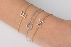 Alphabet Letter Diamond Bracelet, 14K White Gold, Minimal Diamond Bracelet, Gold Diamond Bracelet, L Bracelet Letters, Tri Color Ring, Egyptian Bracelet, Gold Diamond Bracelet, Letters Alphabet, Diamond Stacks, Slap Bracelets, Word Bracelet, Titanium Bracelet