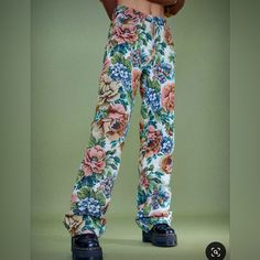 Jaded London Woven Vintage Floral Slouchy Fit Jeans, Brand New Never Worn / Perfect Condition, Size 26 Pink Floral Print Jeans For Summer, Multicolor Floral Print Jeans For Spring, Pink Floral Print Relaxed Fit Bottoms, Brown Patchwork Jeans, Jaded London Jeans, Rose Embroidered Jeans, Patchwork Denim Jeans, Statement Pants, Orange Jeans