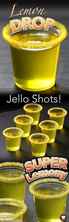 there are many cups that have yellow liquid in them and the words jello shots