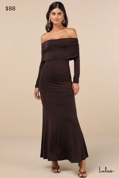 A night of adoration comes easy when you slip on the Lulus Effortlessly Stunning Dark Brown Off-the-Shoulder Maxi Dress! Slinky and stretchy jersey knit shapes an elasticized, off-the-shoulder neckline and a foldover bodice that boasts ruching at the shoulders as it overlays long fitted sleeves. High, fitted waist sits atop a figure-flaunting mermaid skirt that falls to an elegant maxi hem. Fit: This garment fits true to size. Length: Floor length. Size medium measures 53" from top to bottom. Bu Fall Formal Dresses, Dark Brown Dress, Burgundy Casual Dress, Fitted Prom Dresses, Floor Length Maxi Dress, Casual Formal Dresses, Fall Wedding Guest Dress, Casual Wedding Dress, Mermaid Skirt