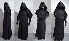 "Details: -a chin high collar around the neck -Ankle length -extra large novelty hood that ends at the cuffs of the sleeves (this is a genuinely new design that I came up with and have not seen it anywhere else...yet) -no inner lining -2 angled pockets on the sides that are on inside of the coat -tapered body with single vent on the back -black plastic coil zipper starts around belt height This is identical to the DARK VICAR coat, but it does not have the mask like long collar Fine quality matte Witchy Winter Outerwear For Larp, Hooded Medieval Outerwear For Halloween, Witchy Hooded Outerwear For Cosplay, Black Hooded Medieval Outerwear, Medieval Style Black Outerwear For Halloween, Medieval Black Outerwear For Halloween, Dark Wizard, Pagan Witch, Plague Doctor