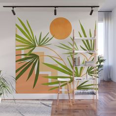 an orange and green wall mural with palm leaves in the foreground, against a white background