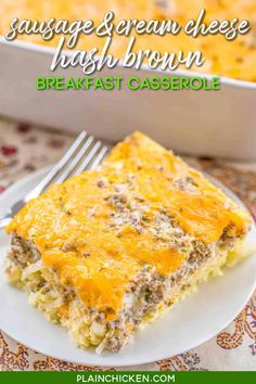 sausage and cream cheese hash browns breakfast casserole on a plate