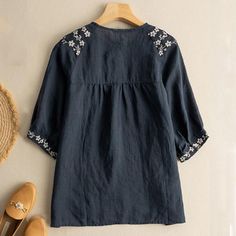 Women's Cotton Linen Blouse Vintage Tribal Embroidery Floral Crew-Neck Mid Sleeve Blouse Casual V-neck Blouse With Geometric Embroidery, Cotton V-neck Blouse With Embroidered Hem, Casual V-neck Blouse With Embroidered Sleeves, Folk Style V-neck Blouse With Embroidered Neckline, Casual V-neck Blouse With Embroidered Hem, V-neck Tops With Embroidered Hem, Embroidered Cotton V-neck Blouse, Casual V-neck Blouse With Embroidered Neckline, Cotton V-neck Blouse With Floral Embroidery