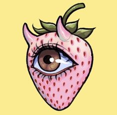 a drawing of an eye with a strawberry on it's side and the bottom part of its face