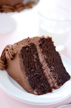 a slice of chocolate cake on a white plate