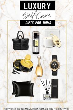 the luxury gift guide for mom's is on display in front of a marble background