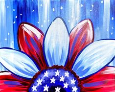 an acrylic painting of a red, white and blue flower with stars on it