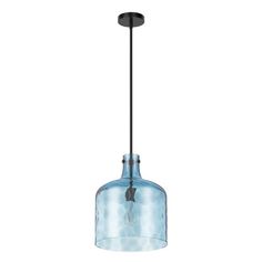 a blue glass light hanging from a ceiling fixture