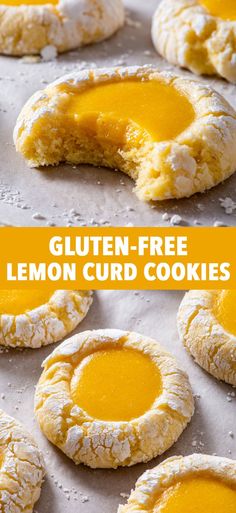 gluten - free lemon curd cookies on a baking sheet with text overlay that reads gluten - free lemon curd cookies