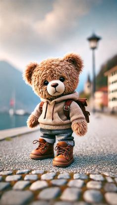 a brown teddy bear wearing boots and a jacket