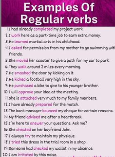 a pink poster with the words examples of regular verbs