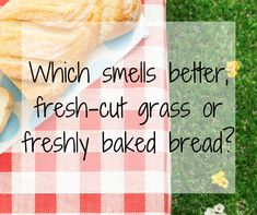 bread on a red and white checkered tablecloth with text which smells better, fresh - cut grass or freshly baked bread?