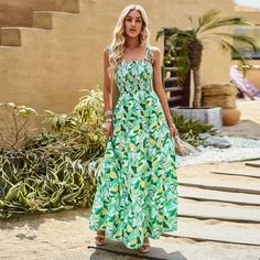 F00186775-405 Casual Maxi Dress, Marine Uniform, Flannel Dress, Spaghetti Strap Maxi Dress, Printed Summer Dresses, Bohemian Print, Bohemian Beach, Maxi Dress Green, Vacation Dresses