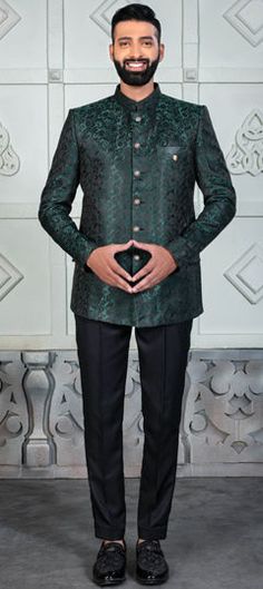 Green color Jodhpuri Suit in Rayon fabric with Weaving work Luxury Green Nehru Jacket For Festive Season, Luxury Pista Green Nehru Jacket, Jodhpuri Suit, Reception Lehenga, Engagement Reception, Wedding Green, Reception Wedding, Waist Chain, Rayon Fabric