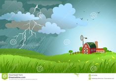 an image of a farm scene with lightning in the sky and rain coming down on it