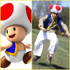 there are two pictures one is a boy and the other has a mushroom hat on