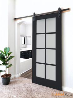 a black and white sliding door in a living room next to a potted plant