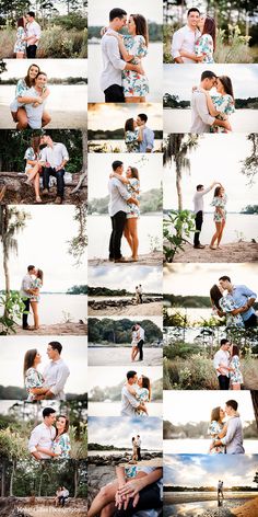 an image of a couple kissing in front of some trees and water with their hands on each other's shoulders