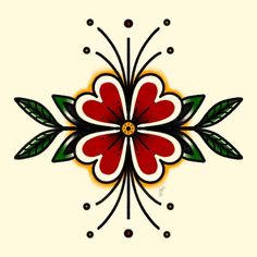 a red flower with green leaves and dots in the center on a white background,