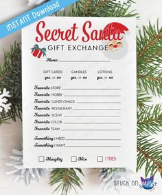 a printable secret santa gift exchange is shown with pine branches and snowflakes