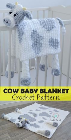 a crochet baby blanket with a cow on it and the text overlay reads,'cow baby blanket crochet pattern '