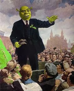 a painting of a green man standing in front of a crowd with his hands out