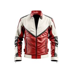 Made to order from 100% genuine leather, this white and red biker jacket is perfect for the biker who wants a stylish and functional piece of outerwear. The jacket features a classic racing style with an asymmetrical zip closure, and epaulettes on the shoulders. The interior is lined with a soft and comfortable satin lining. Features: Made from 100% genuine leather Asymmetrical zip closure Epaulettes on the shoulders Satin lining Two zippered pockets on the front One zippered pocket on the sleev White Winter Outerwear For Biker Events, White Moto Outerwear For Streetwear, White Biker Outerwear For Biker Events, White Biker Style Outerwear For Biker Events, White Biker Jacket For Winter Events, White Winter Biker Jacket, Red Biker Leather Jacket For Motorcycling, White Long Sleeve Biker Jacket For Motorcycling, Red Moto Leather Jacket For Motorcycling