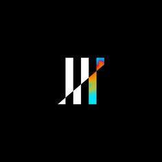 the letter m is made up of different colors and shapes on black background with white lines