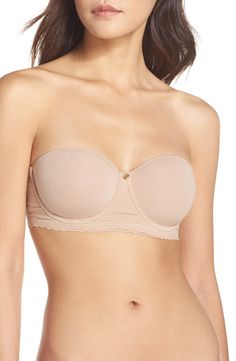 This smooth, stretchy cotton bra features a wide lace-trimmed band and interior silicone grippers for stay-put strapless support. Convertible straps are included to accommodate a variety of necklines and backs. 69% cotton, 31% spandex with 66% nylon, 34% spandex lace Hand wash, line dry Imported Lingerie Blanknyc Suede Moto Jacket, Best Strapless Bra, Patent Leather Leggings, Strapless Bras, Cotton Bra, Sleeveless Sweater Dress, Cotton Bras, Strapless Bra, Bra Styles