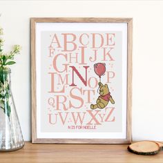 a cross stitch alphabet with winnie the pooh holding a balloon in front of it