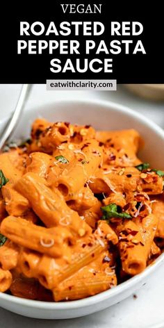 a white bowl filled with roasted red pepper pasta