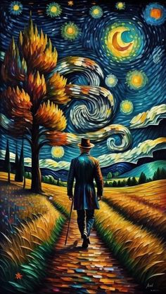 a painting of a man walking down a path with the stars in the sky above