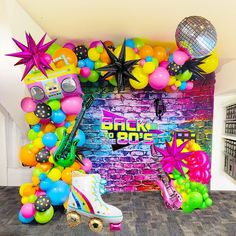 a party scene with balloons, disco balls and roller skates