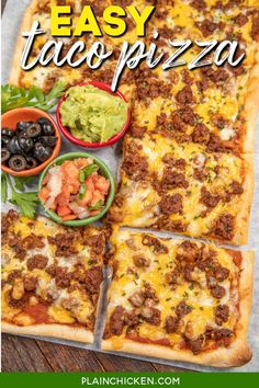 an easy taco pizza with toppings on it and the text overlay says easy taco pizza