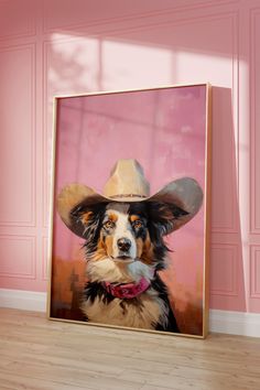 a painting of a dog wearing a cowboy's hat in a room with pink walls